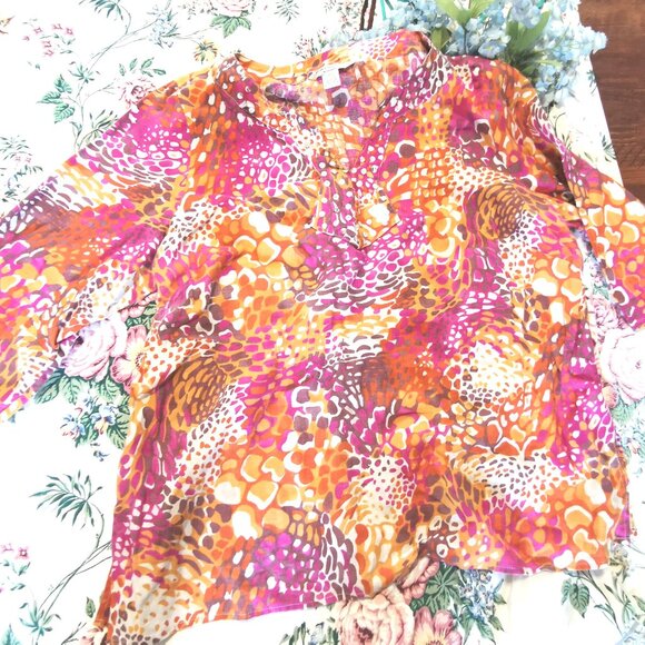 Peter Martin Multicolor Animal Print Linen w/ Sequin Neckline Blouse 2XL 0285 T - Picture 3 of 5